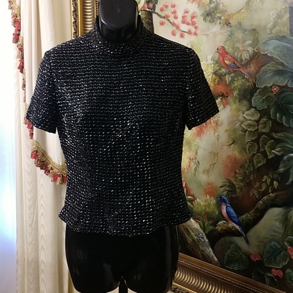 Oleg Cassini Ladies Black Formal Beaded Top Small - Picture 2 of 5